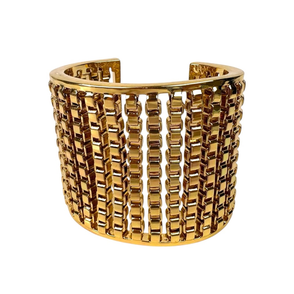 Coach Chunky Box Chain Gold Tone Wide Cuff Bracelet Statement Open Bangle - Picture 10 of 10